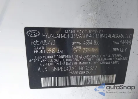 2020 Hyundai Sonata Sel z USA, uszkodzony, nr VIN 5NPEL4JA1LH033379